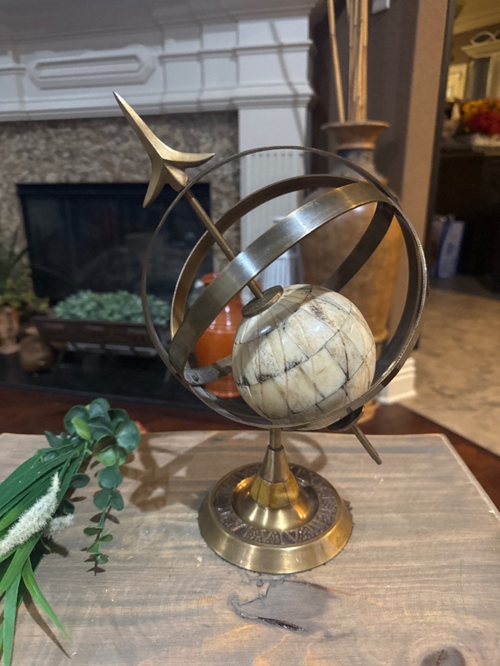Vintage Armillary Sphere Sundial Brass Carved Bovine Bone Celestial Globe 13”.